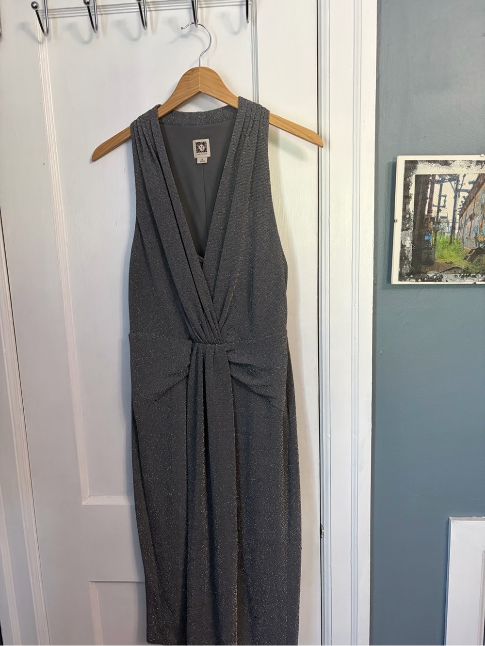 Anne Klein Silver Shimmer Sleeveless V-Neck Midi Dress